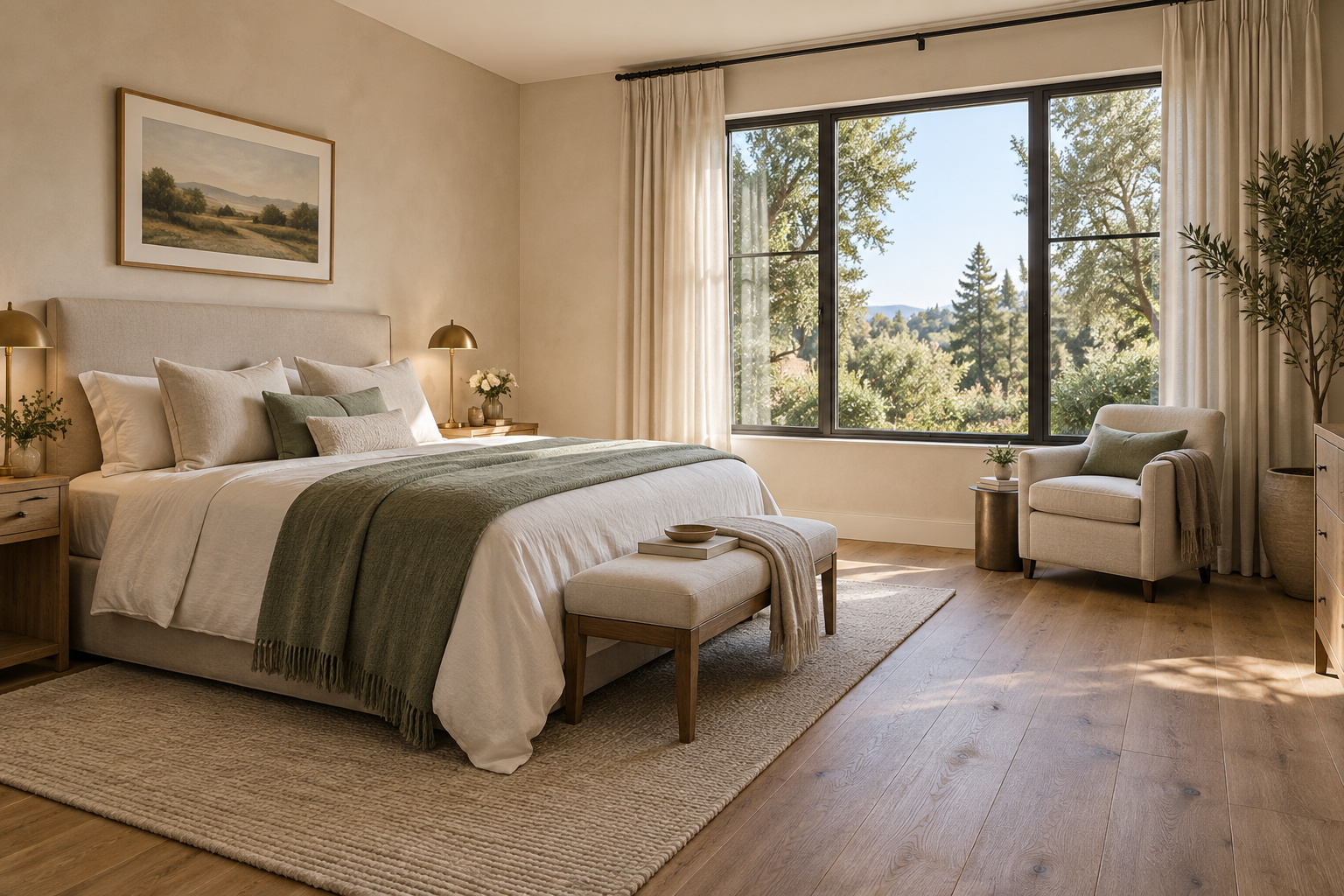 Illustrative private room design with natural wood, a cream bed, and an armchair by the window